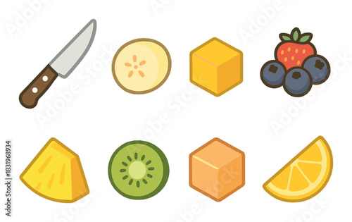 Colorful vector fruits and knife illustration with glowing effect