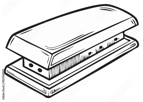 Black and white line drawing of a classic stapler with its top open, ready for use.