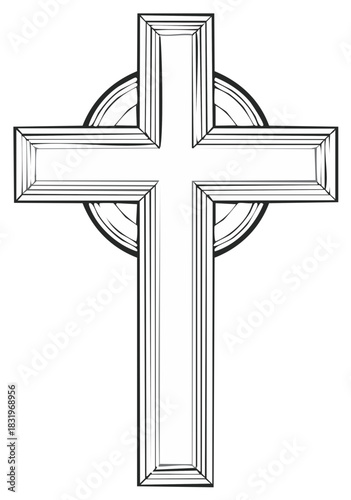 Black and white line art illustration of a Celtic cross religious symbol