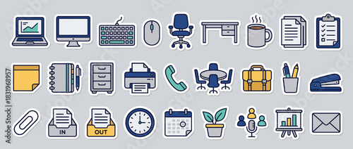 Office essentials icon set. containing computer, keyboard, mouse, desk, coffee, documents, printer, phone, chair, and more. Vector collection