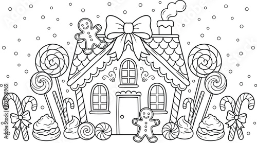 Gingerbread House Coloring Page with Candy and Snowflakes Keywords: gingerbread, house, coloring, page, candy, snowflakes, lollipop