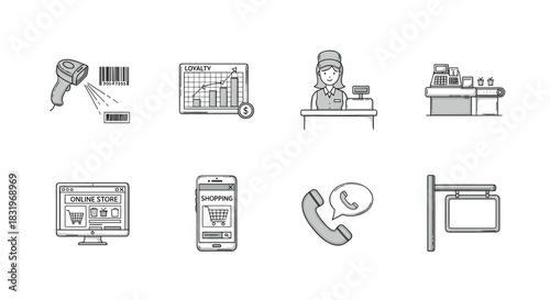 Retail and shopping icons: barcode, loyalty chart, cashier, online store, mobile shopping, communication