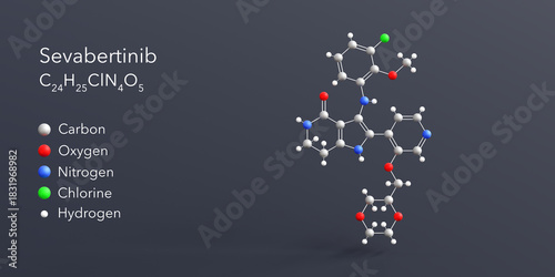 Fototapeta Naklejka Na Ścianę i Meble -  sevabertinib molecule 3d rendering, flat molecular structure with chemical formula and atoms color coding