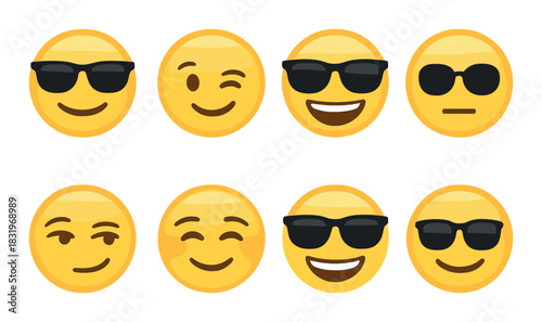 Collection of eight diverse emojis with sunglasses and expressions on gold background