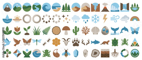 Nature and environment icon set. containing mountain, lake, forest, volcano, weather, wildlife, plants, and more. Vector collection