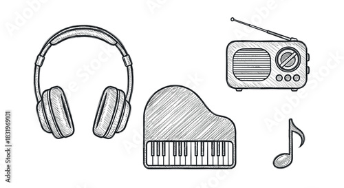 Musical elements in hand-drawn sketch style