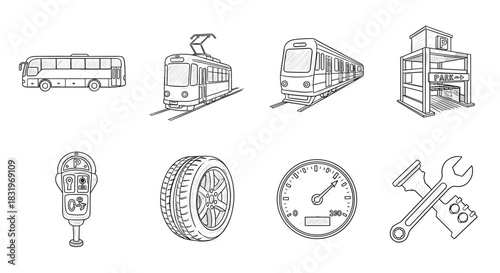 Public transportation icons: bus, train, parking, and maintenance in line art style