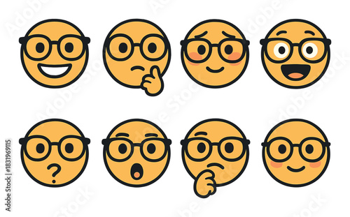 Yellow emojis with glasses displaying various expressions on brown background