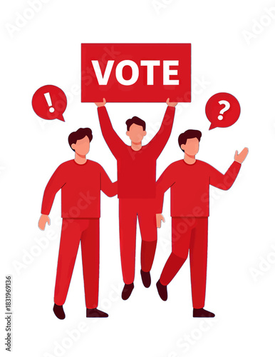 Three red figures with speech bubbles emphasizing voting