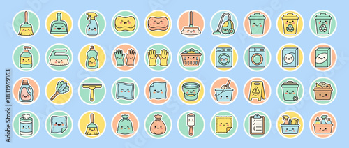 Cleaning and hygiene icon set. containing mop, spray, detergent, sponge, gloves, laundry, broom, bucket and more. Vector collection