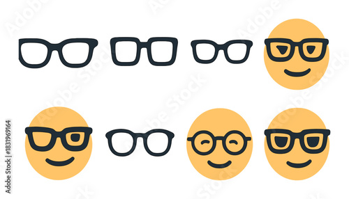 Stylized emoji faces with glasses in neon yellow and black theme