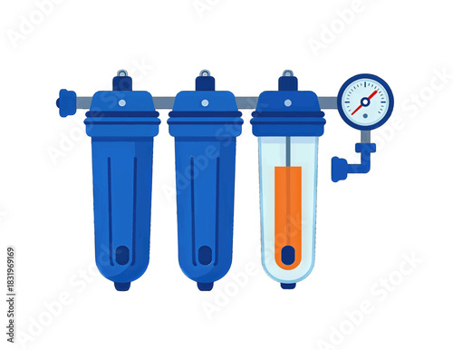 Three stage water filter system with pressure gauge