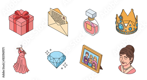 Isometric icons of luxury: gifts, jewelry, and keepsakes in elegant pastel tones