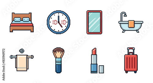 Pixel art icons: home and travel essentials collection