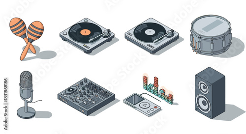 Isometric music elements: maracas, turntables, drum, microphone, and speakers in 3d style