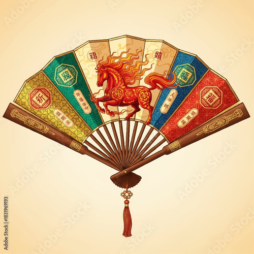Traditional Chinese folding fan adorned with auspicious symbols, representing good luck and elegance.