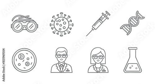 Medical research icons: goggles, virus, syringe, dna, petri dish, scientists, flask