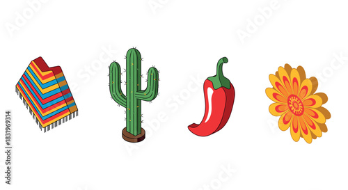 Colorful mexican icons: poncho, cactus, chili, and sunflower