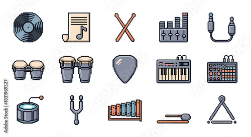 Pixel art music icons: instruments, dj gear, vinyl, and more