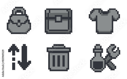 Pixel art icons: bag, briefcase, shirt, arrows, trash, tools