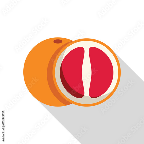 Grapefruit whole and half showing red juicy flesh with a long shadow