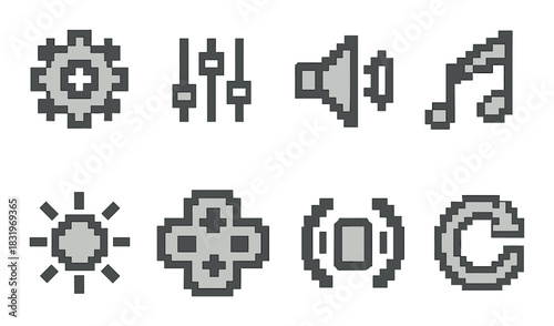 Retro pixel icons for settings, audio, and gaming controls