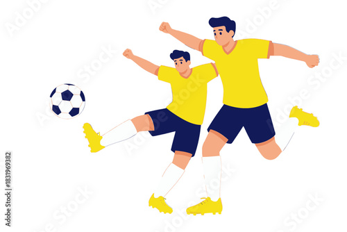 Two soccer players in yellow jerseys kicking a ball