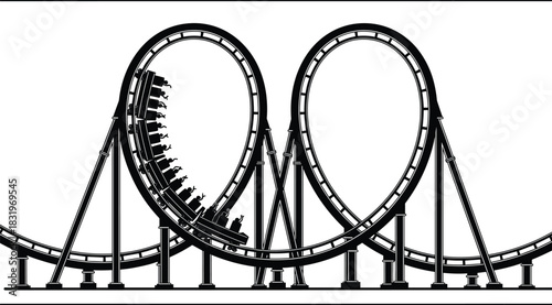 Roller coaster silhouette, vertical loops, thrill ride, amusement park, black vector, extreme attraction, looping track, adrenaline, fun, physics concept