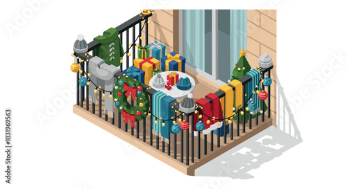 Festive balcony with christmas decorations and gifts in winter isometric style