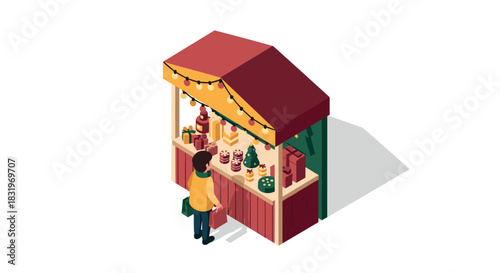 Isometric christmas market stall with holiday gifts and decorations
