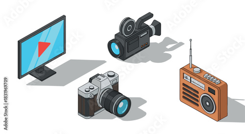 Vintage technology isometric icons featuring television, cameras, and radio
