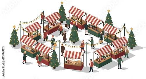 Festive isometric christmas market with holiday shoppers and decorated stalls