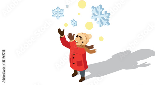 Child in winter clothing playing with snowflakes and bubbles