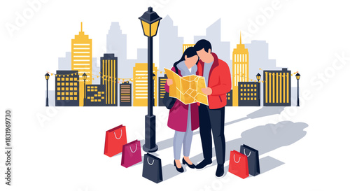 Couple exploring city map near shopping bags with skyline in background