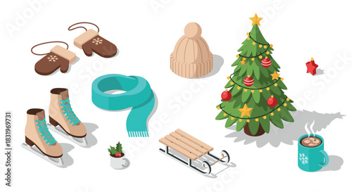 Isometric christmas elements with tree, mittens, skates, and sled on white background