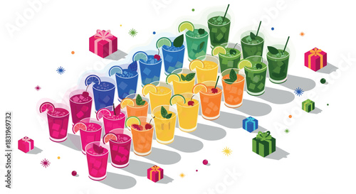 Colorful isometric party drinks and gifts celebration