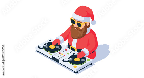 Santa claus dj mixing on turntables in festive christmas outfit isometric style