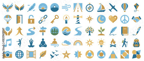 Nature and lifestyle icon set. containing sun, road, bird, mountain, boat, tree, peace, yoga, music, camera, and more. Vector collection