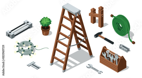Home improvement set: ladder, tools, and gardening essentials in isometric style
