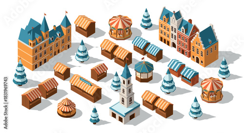 Festive european winter market scene with stalls and churches in isometric style