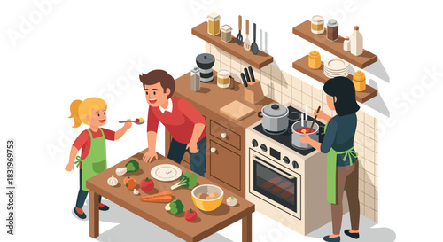 Family cooking together in cozy kitchen with fresh ingredients and joyful interaction