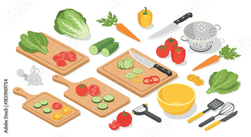 Colorful isometric kitchen: fresh vegetables, cutting boards, and cooking tools