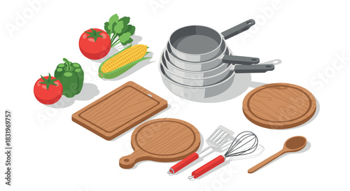 Isometric kitchen utensils with fresh vegetables: culinary tools and ingredients