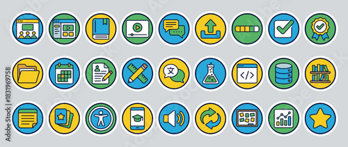 Technology and productivity icon set. containing web, video, upload, database, calendar, chat, and more. Vector collection