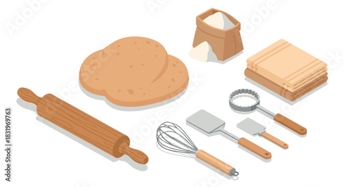 Baking essentials isometric design: rolling pin, dough, flour, kitchen tools