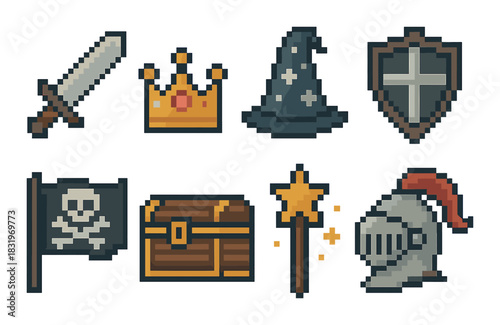 Pixel art fantasy icons: sword, crown, wizard hat, shield, pirate flag, chest, wand, knight helmet