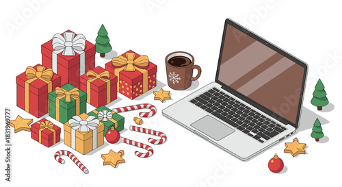 Festive holiday scene with gifts and laptop in isometric style