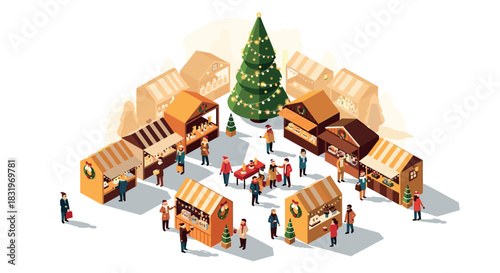 Festive christmas market with decorated tree and holiday shoppers in isometric style