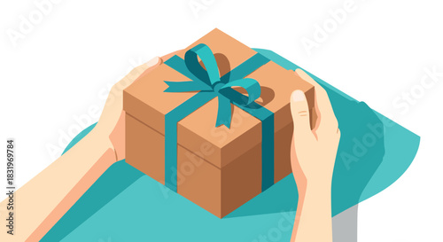 Hands holding a gift box with blue ribbon in isometric style on turquoise background