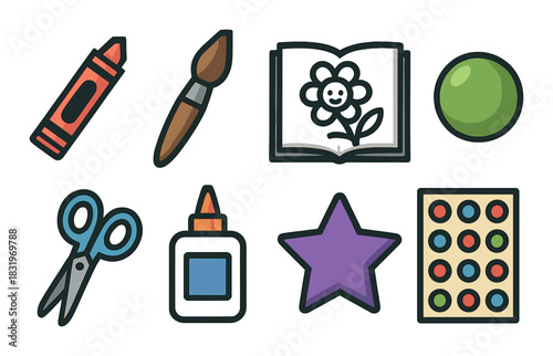 Colorful art supplies: crayon, brush, coloring book, and craft tools